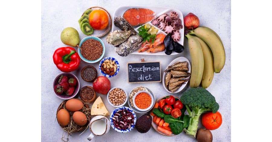 Pescetarian Diet With Seafood, fruits and Vegetables